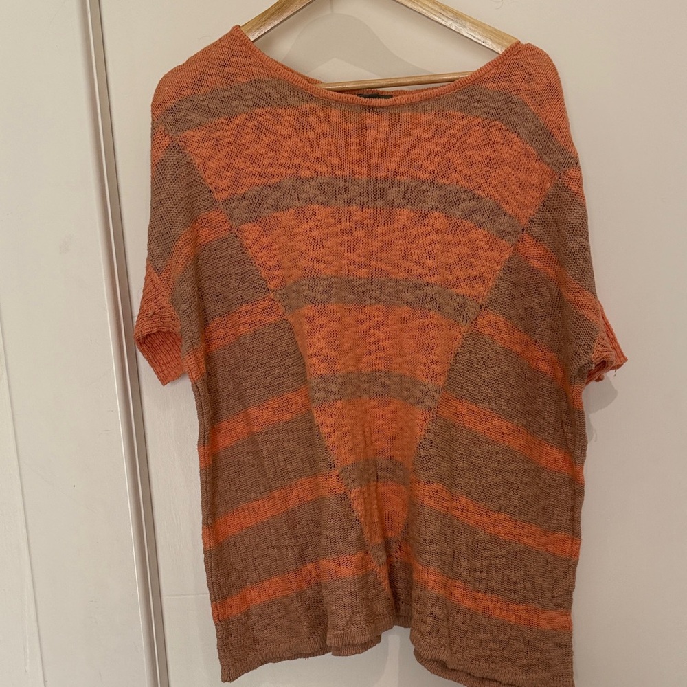 Neiman Marcus Orange and Brown Striped Short Sleeve Top